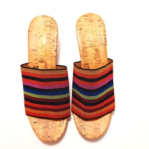 MONTEGO Bay Womens Size 6.5 Wedge Sandal Striped Rainbow Slip On Heel Colorful - Picture 4 of 11